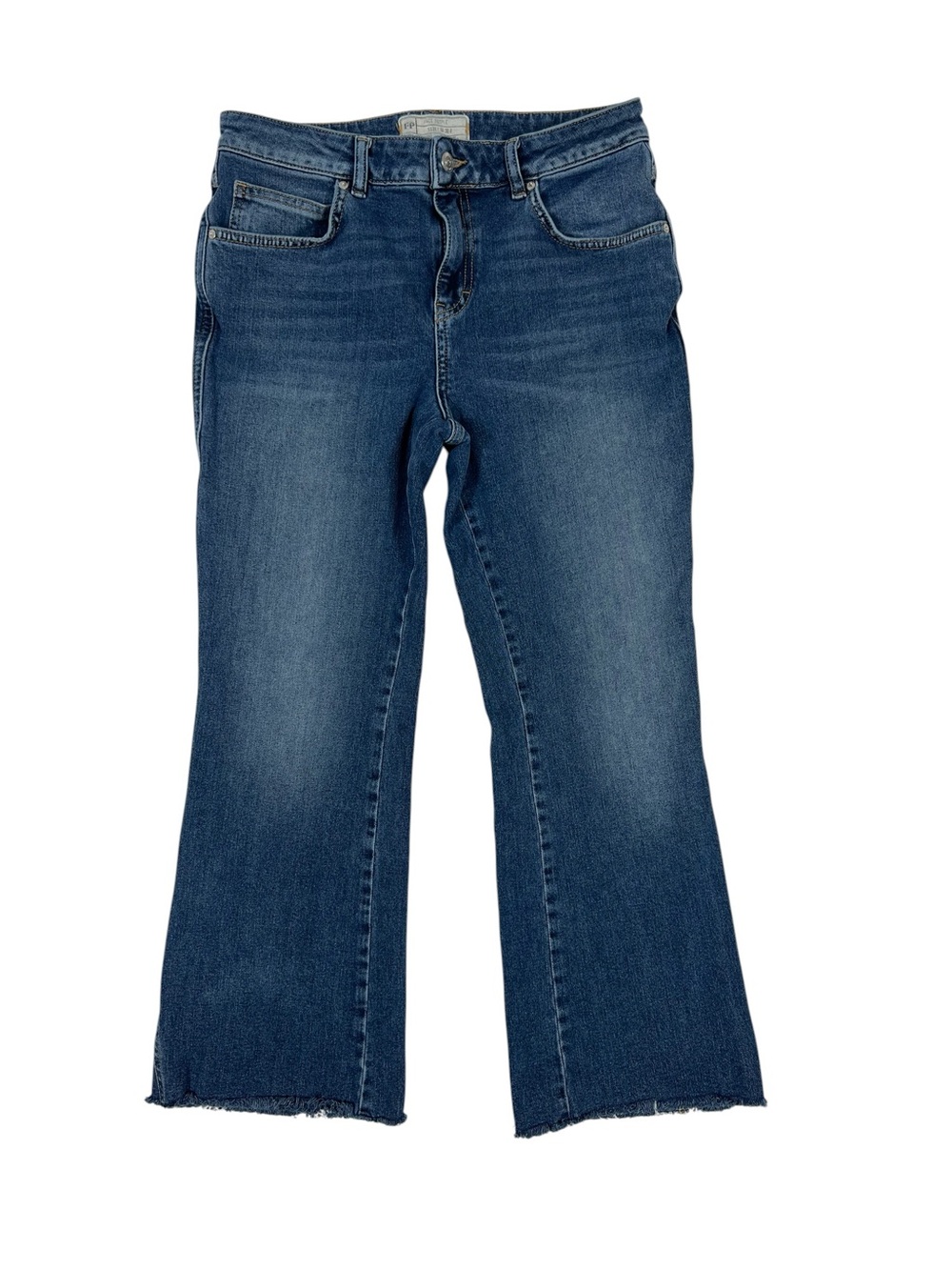 Free People “We The Free” Cropped Flare Jeans Blue Frayed Raw Hem Size W 30R